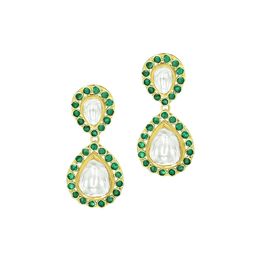 Polki Teardrop Earrings with Emerald Colour Full-Cut Stones